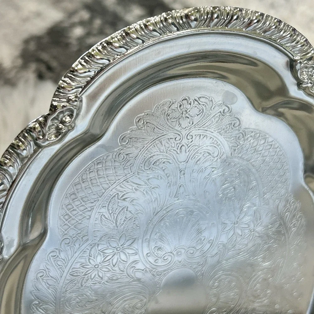 Vintage Chrome Serving Tray Ornate Floral Oval Platter 6.5